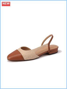 Raffia Slingback Flats Closed Toe Low Heel Two Tone Dressy Work Shoes